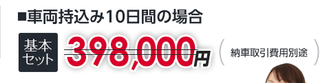 ■車両持込み10日間の場合｜基本セット398,000円以下｜納車取引費用別途
